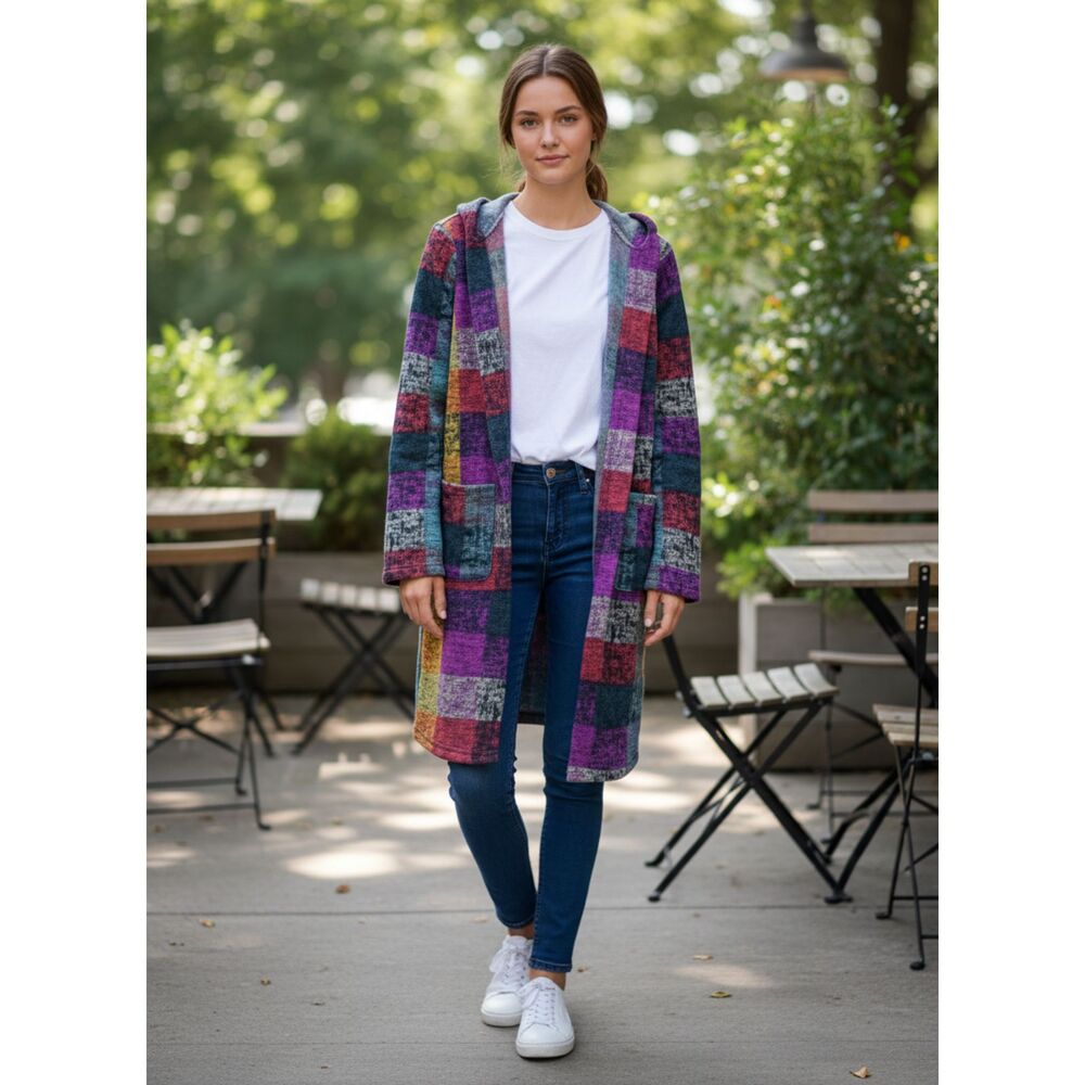 Bohemian Hooded Patchwork Trench Jacket XS Cozy Fleece - Picture 2 of 8